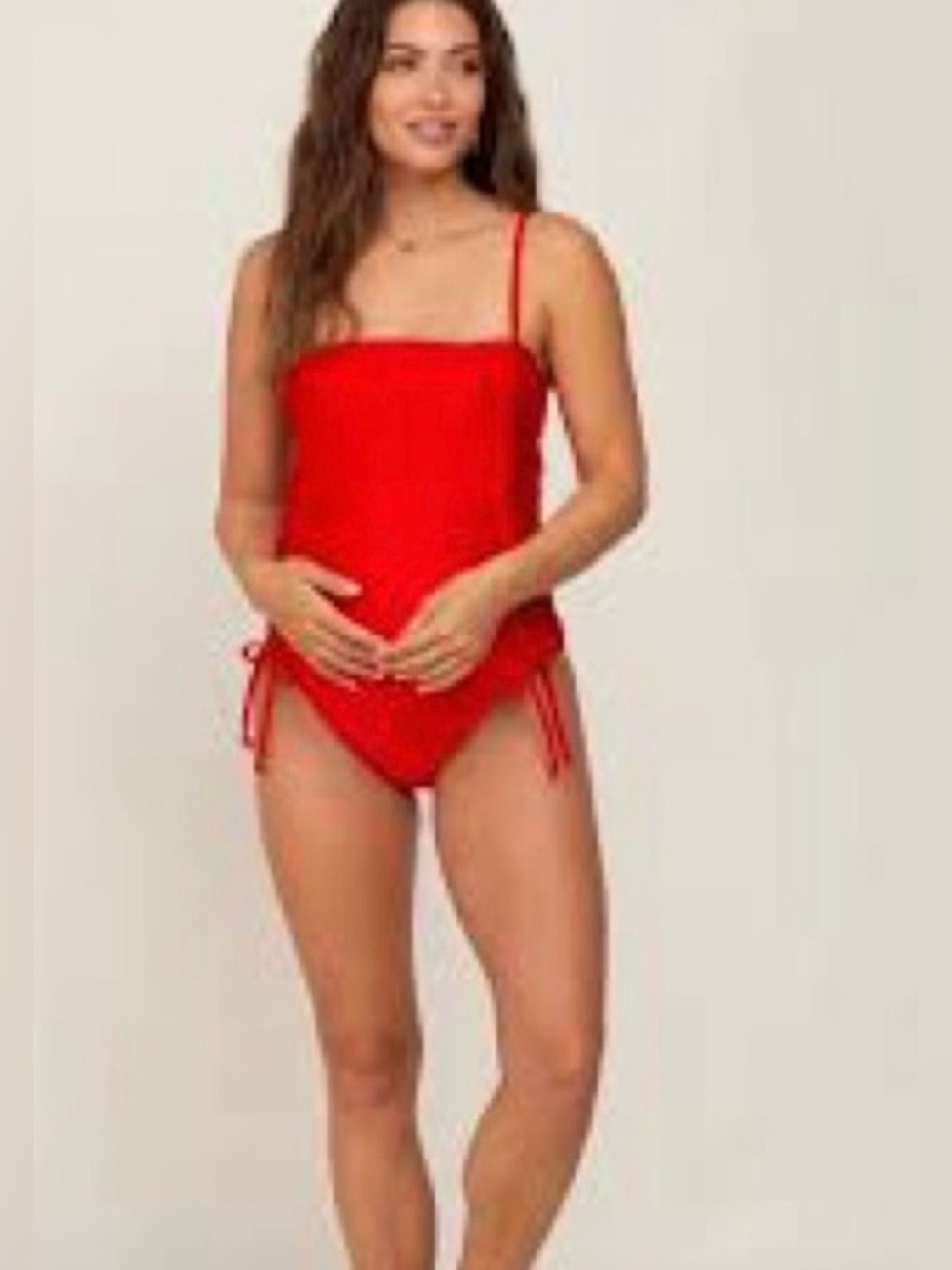 Motherhood Maternity Beach Bump Swimsuit Coral Red-Orange One Piece Side Ties L